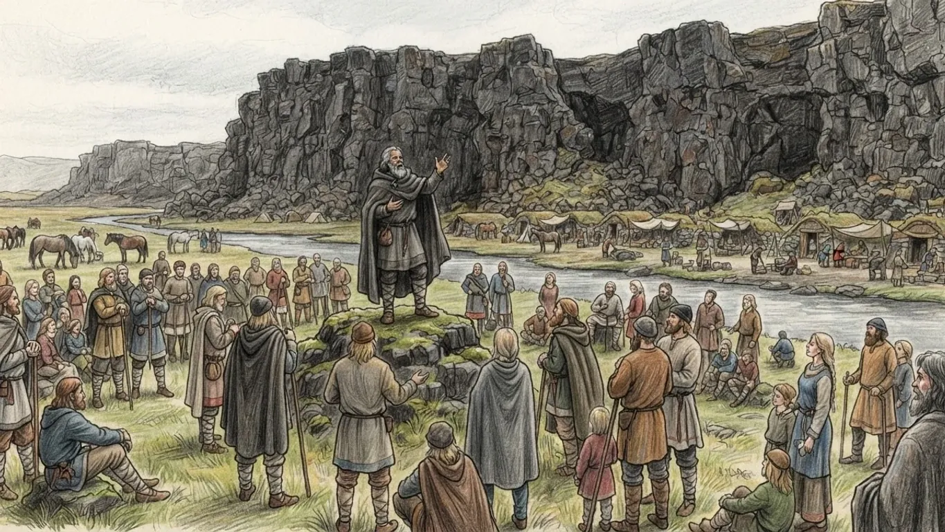 A coloured pencil drawing of a grey-bearded man in a hooded cloak speaking from a mossy rock before a crowd in wool cloaks and tunics, a long dark cliff behind them and turf booths with cloth awnings along the river.