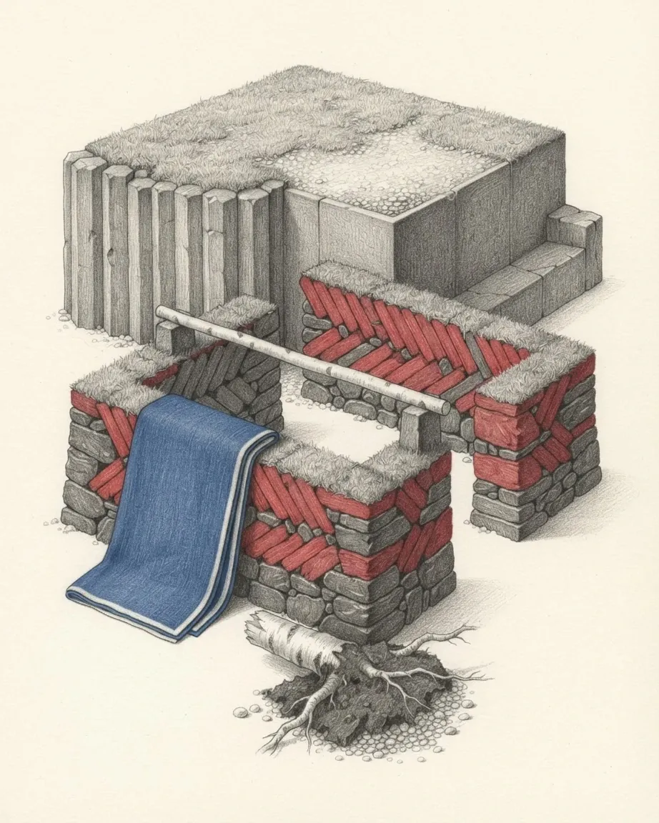 A graphite still life: turf-topped walls of stone and red-banded turf around a raised block of basalt columns, a folded blue woollen cloth over one wall, a wooden rail across the gap and an uprooted birch stump in front.
