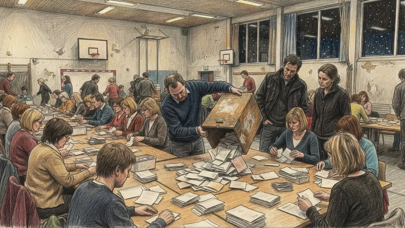 A coloured pencil drawing of a count in a school sports hall at night, staff in sweaters sorting paper ballots along long tables while a man tips a wooden ballot box onto one and two observers watch, snow falling past the dark windows.