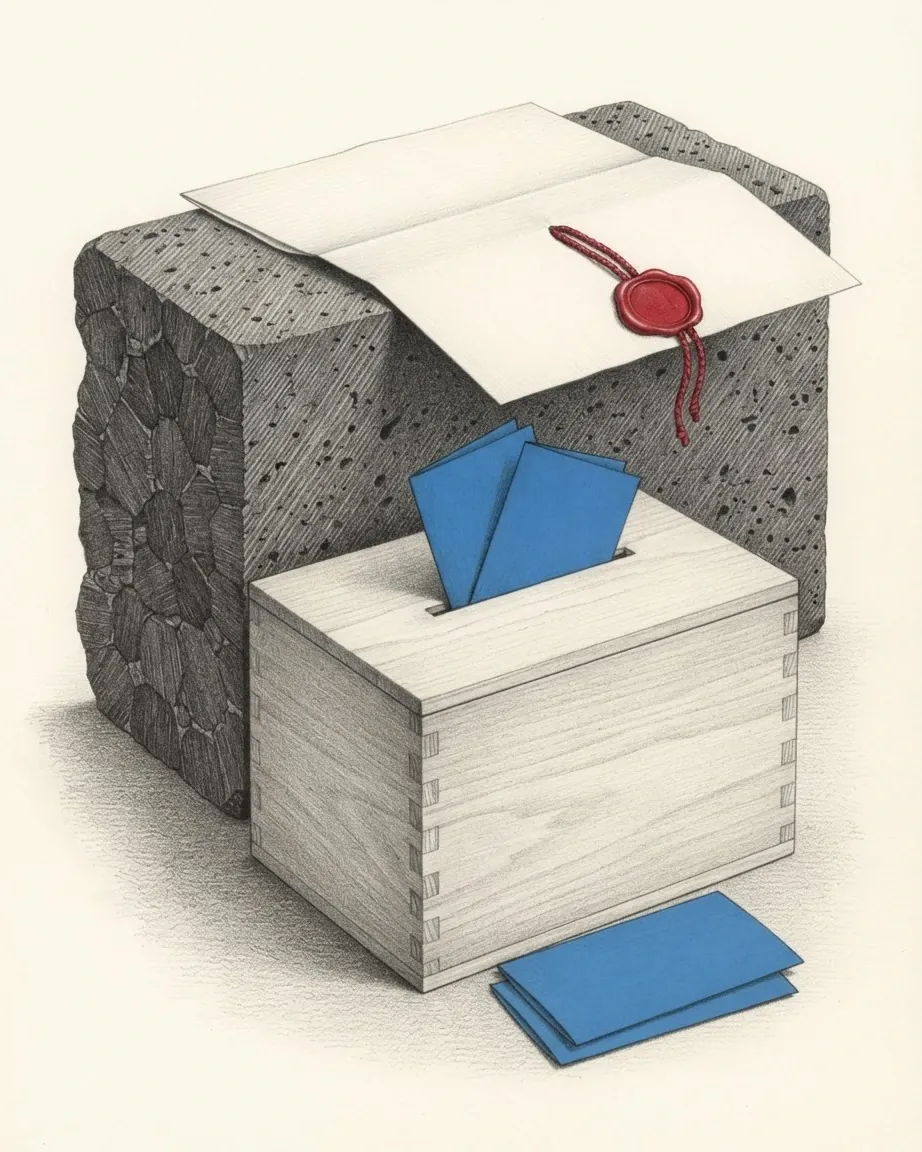 A graphite still life: a wooden ballot box with blue ballots in its slot and two more on the ground, set before a block of dark porous basalt with a folded document sealed in red wax lying on top.