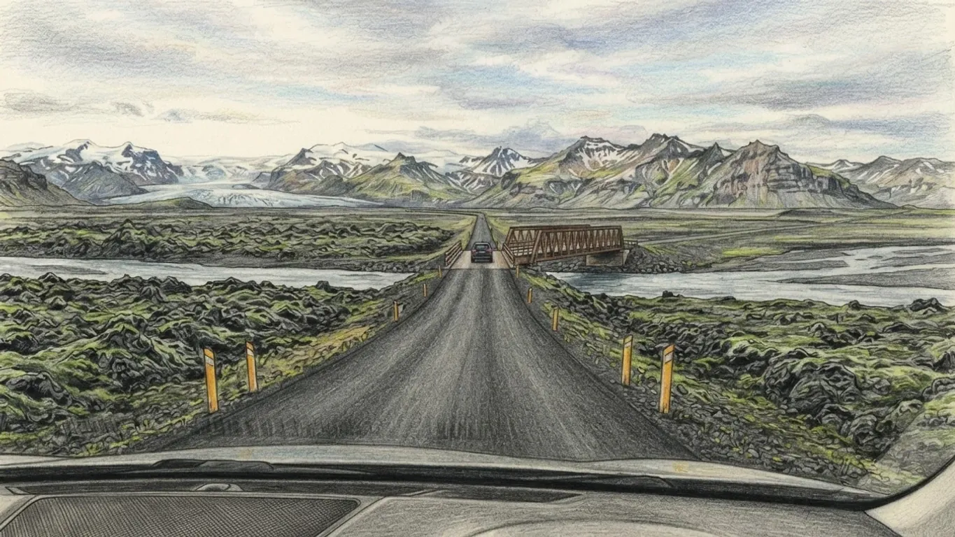 A coloured pencil drawing looking from a car along a narrow road across a moss-covered lava plain towards a single-lane steel bridge over a glacial river, yellow marker posts along the verges and snowy mountains and a glacier ahead.