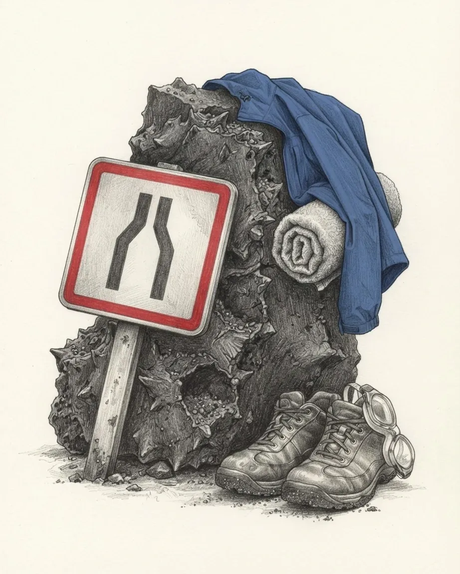 A graphite still life: a road narrowing sign propped against a block of spiny black lava draped with a blue jacket, a rolled towel, a pair of walking boots and swimming goggles.