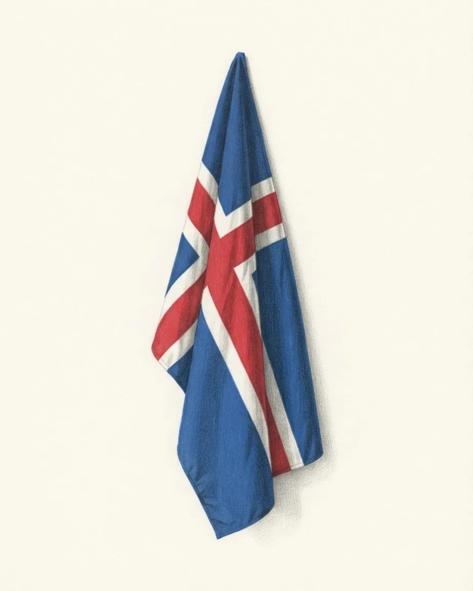 The flag of Iceland drawn as a hanging cloth in graphite and coloured pencil, a red Nordic cross edged in white on blue.