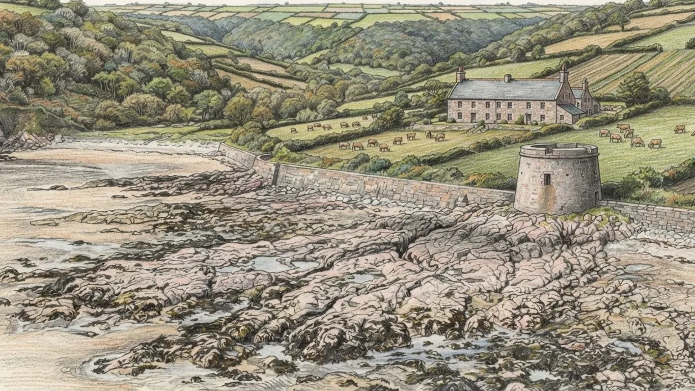 A coloured pencil drawing of a Jersey coast at low tide: pink granite reefs and pools in the foreground, a round granite defence tower on the sea wall, and a granite farmhouse above small hedged fields where Jersey cattle graze.