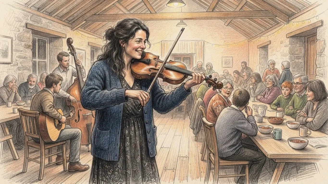A coloured pencil drawing of a woman in a blue cardigan playing the fiddle in a stone-walled hall, a guitarist and a double bass player behind her and people at long tables listening over bowls and mugs.