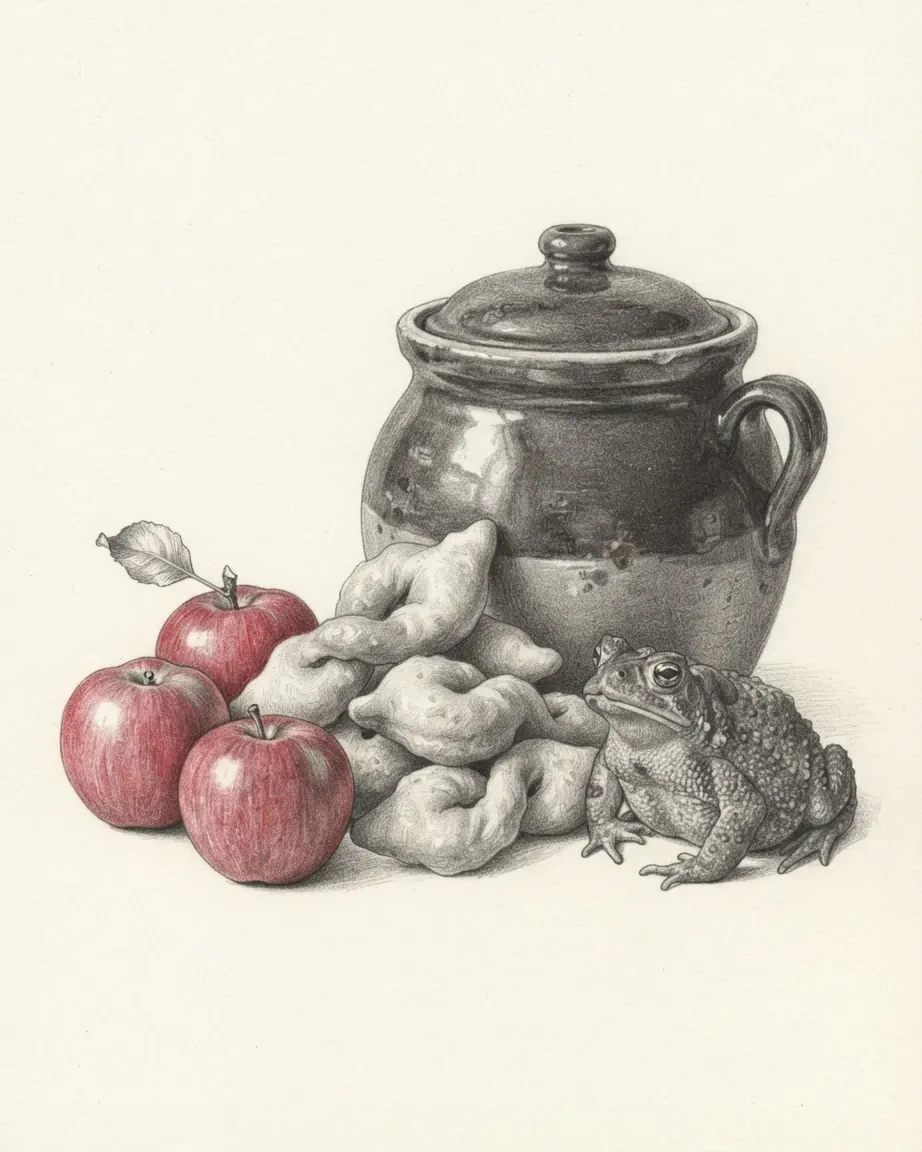 A graphite still life: a dark glazed earthenware pot with a lid, three red apples, a heap of twisted fried dough knots and a toad sitting beside them.