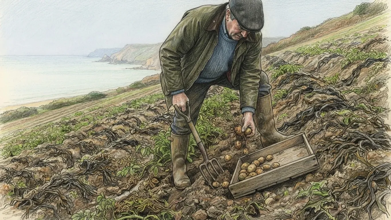 A coloured pencil drawing of a farmer in a waxed jacket and boots lifting new potatoes with a fork on a steep côtil above the sea, seaweed spread between the rows and a wooden tray of potatoes beside him.