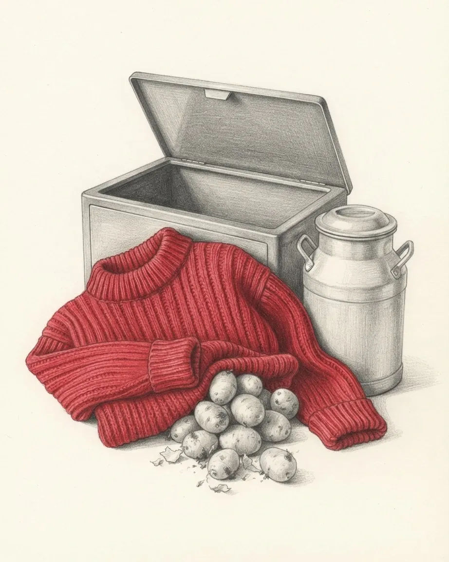 A graphite still life: an open steel strongbox, a red ribbed knitted jersey laid over it, a small pile of new potatoes and a steel milk churn.