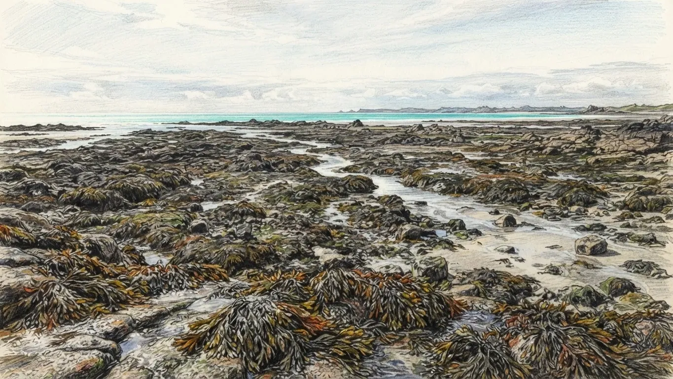 A coloured pencil drawing of a wide Jersey shore at low tide, rocks heaped with brown and ochre wrack running out to a band of turquoise sea under a pale sky.
