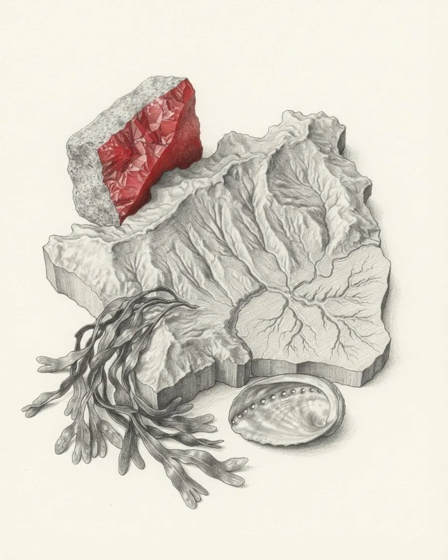 A graphite still life: a cast relief model of Jersey with its valleys cut into a raised plateau, a broken rock with a red crystalline face, a bunch of wrack seaweed and an ormer shell.