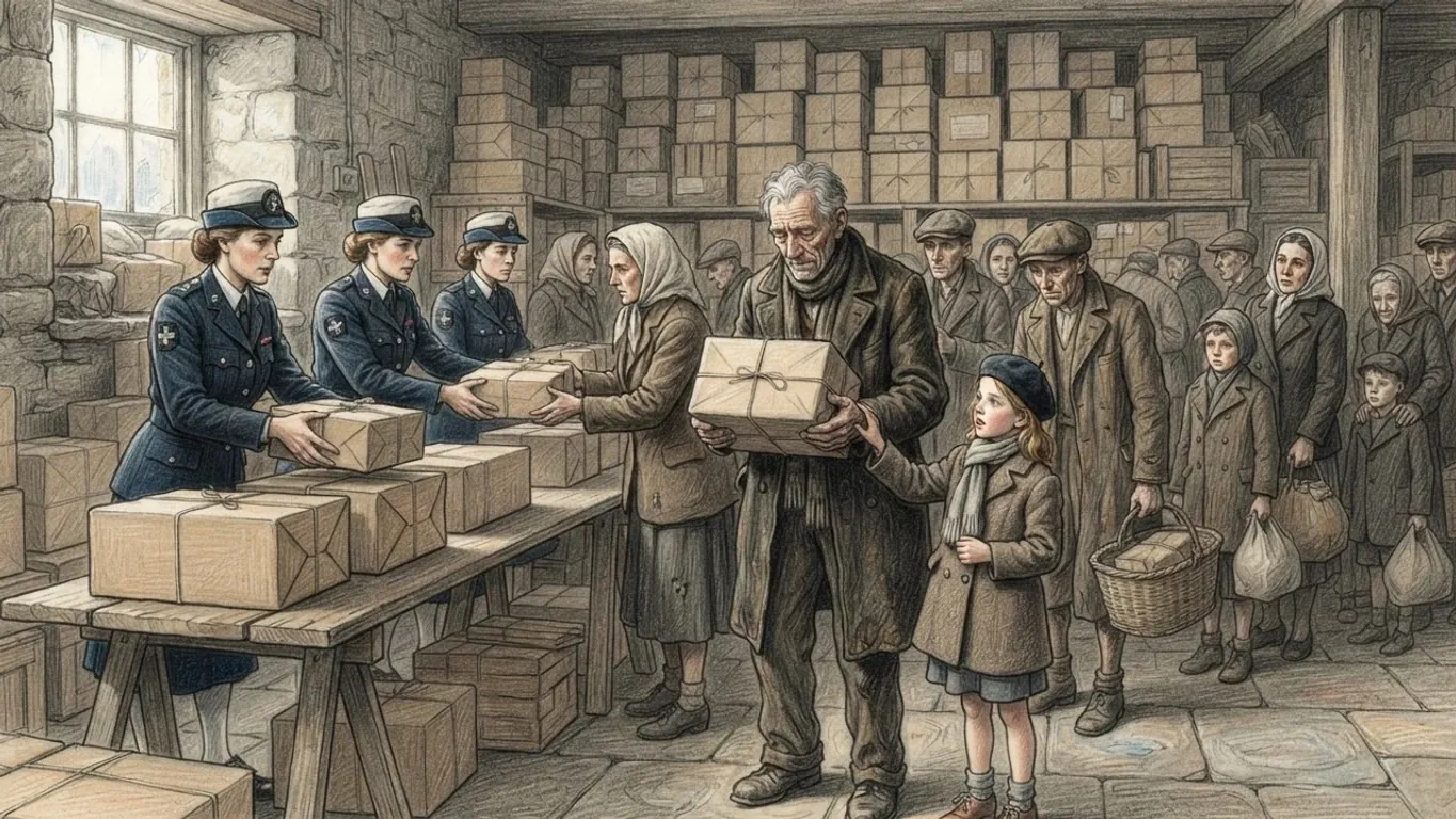 A coloured pencil drawing of a stone store room stacked with parcels, women in navy uniforms handing string-tied parcels across a trestle table to a queue of thin islanders in worn coats, an old man and a girl at the front.