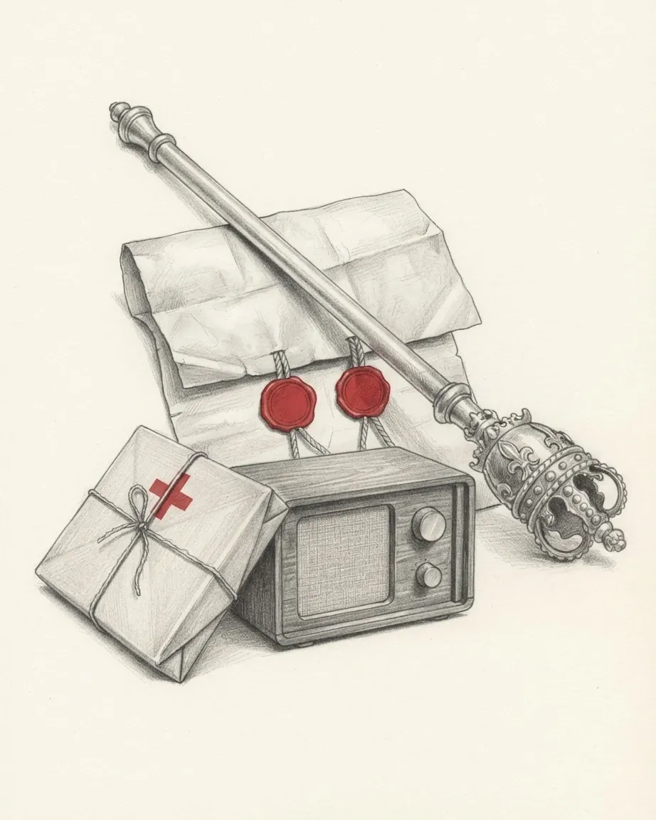 A graphite still life: a folded document hung with two red wax seals, a ceremonial mace laid across it, a small wooden radio set and a string-tied parcel marked with a red cross.