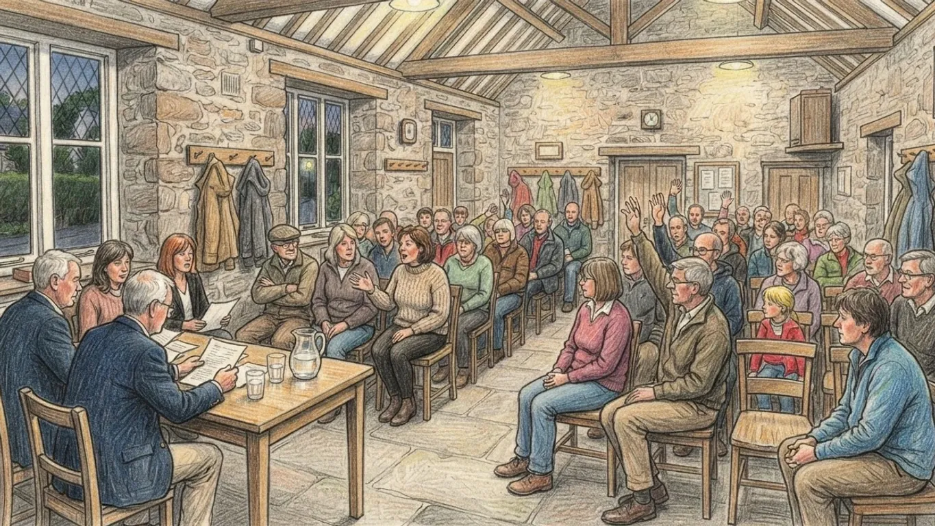 A coloured pencil drawing of a parish meeting in a stone hall, parishioners on wooden chairs raising hands and speaking to officials seated at a table with papers and a water jug.