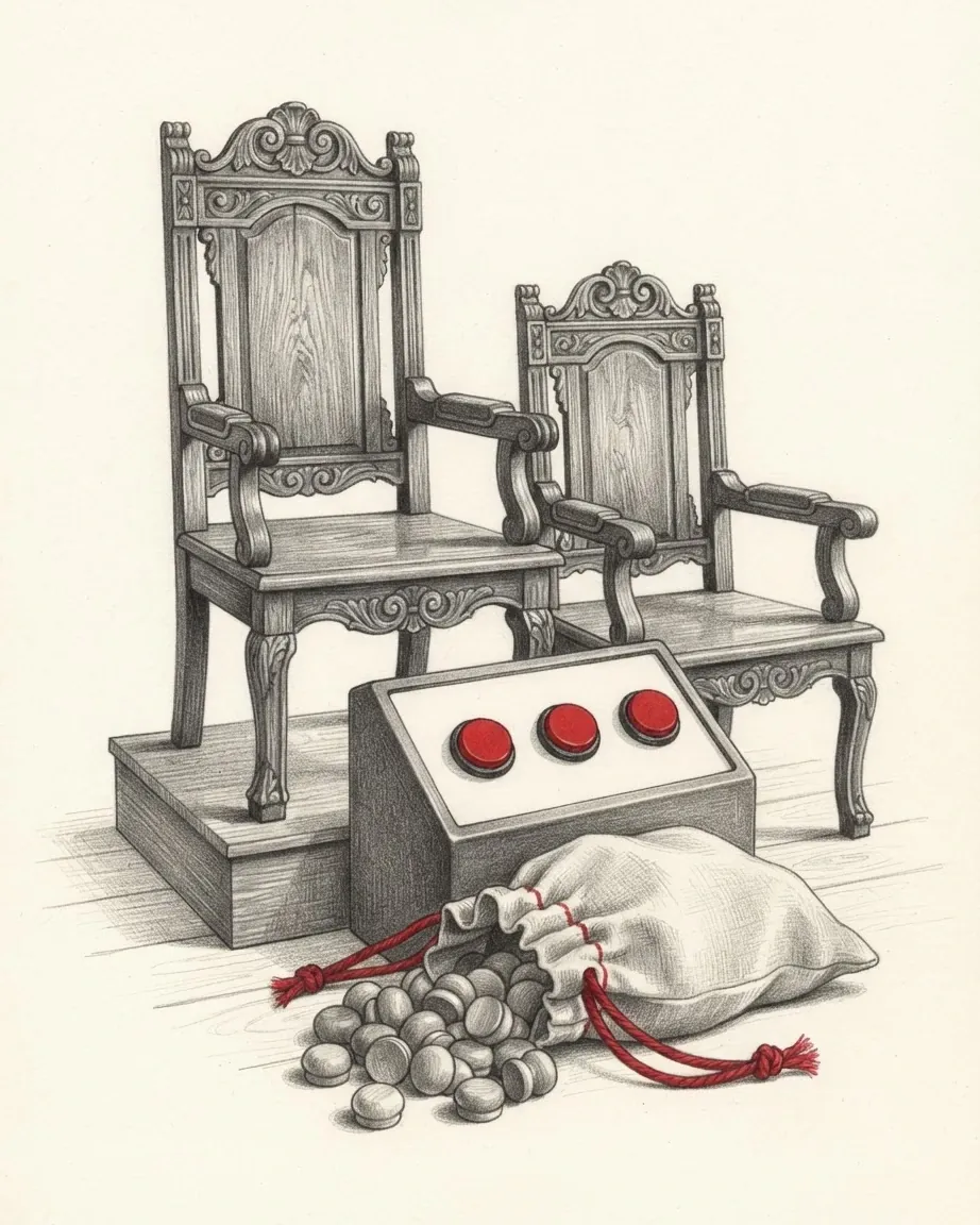 A graphite still life: two carved wooden chairs on a low dais, a sloping voting console with three red buttons, and a cloth bag of counters spilled on the floor with red drawstrings.