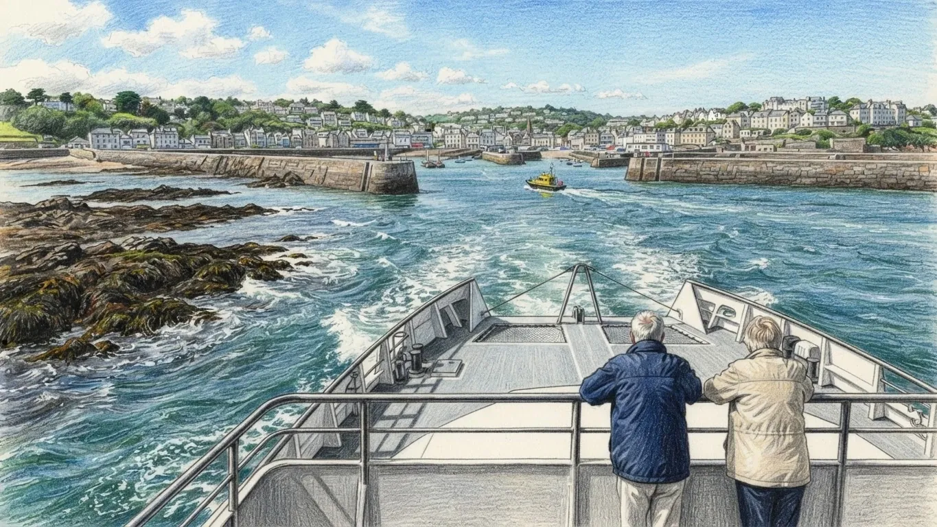 A coloured pencil drawing from the bow of a ferry entering a granite harbour, two passengers at the rail, dark weed-covered rocks to one side and a town of pale houses along the shore ahead.