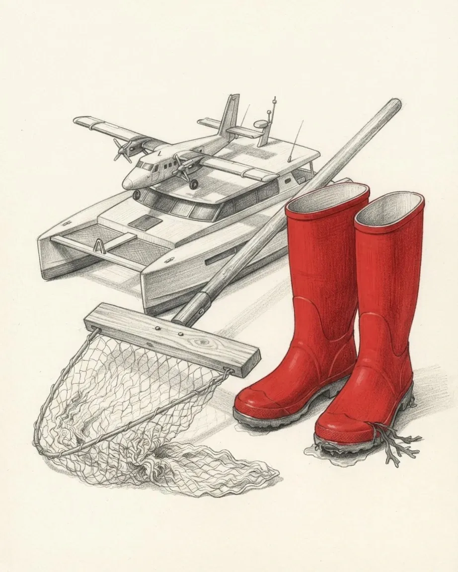 A graphite still life: a small high-winged twin-engine aircraft model resting on a catamaran ferry model, a shrimping net on a long wooden pole and a pair of red rubber boots.