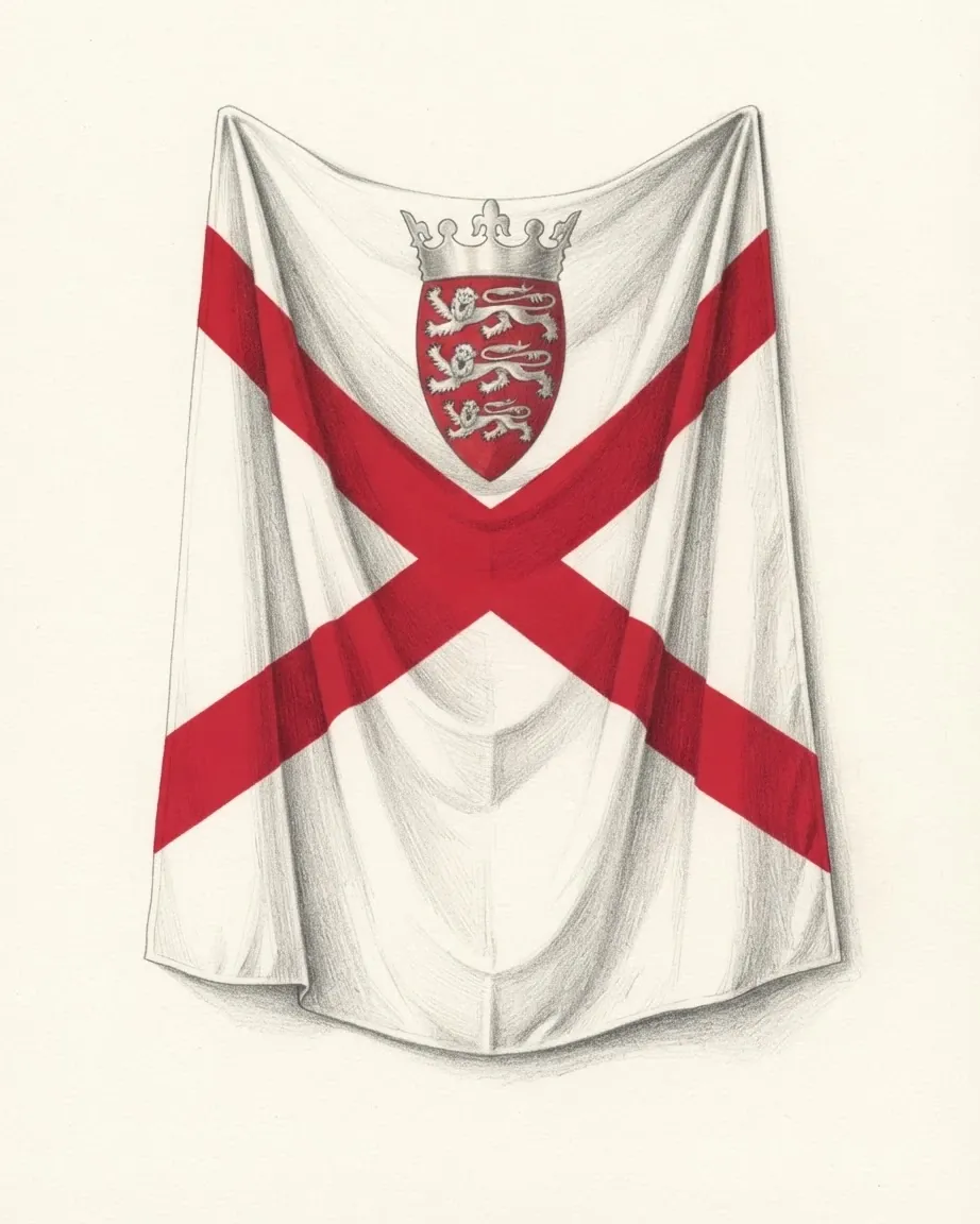 The flag of Jersey drawn as a woven cloth hanging in soft folds, white with a red saltire and a red shield of three gold lions under a crown in the upper arm.