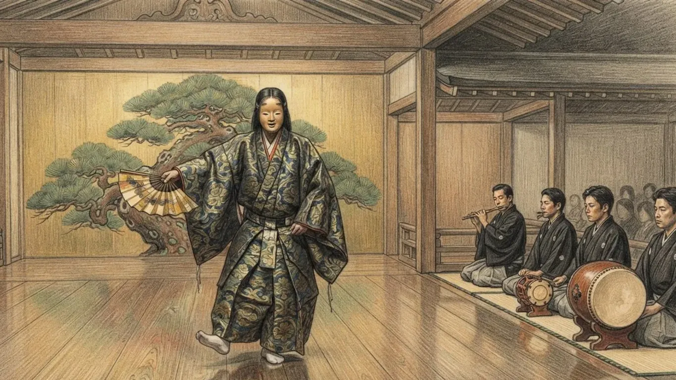 Coloured pencil drawing of a masked Noh actor in a dark brocade robe holding an open fan on a polished wooden stage before a painted pine, with musicians kneeling in a row at the side.