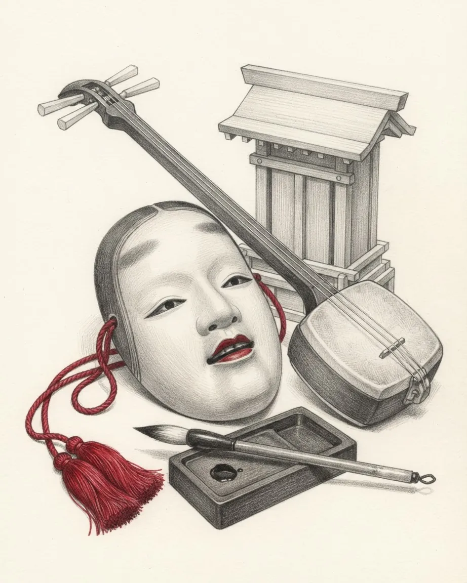 Pencil drawing of a Noh mask of a young woman with red lips and a red silk tassel, a three-stringed shamisen, a brush on an inkstone and a small wooden household shrine.