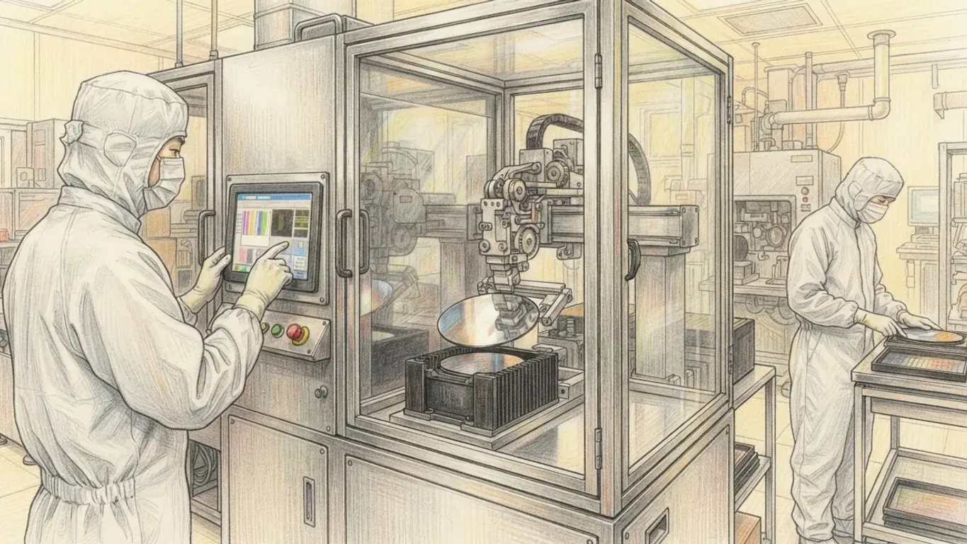 Coloured pencil drawing of a clean room where a technician in a white suit, mask and gloves touches the screen of a wafer-handling machine while a robot inside the glass lifts a wafer; a second technician works at a bench behind.