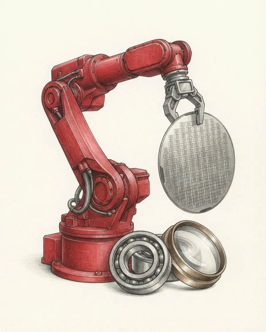 Pencil drawing of a red industrial robot arm holding a patterned silicon wafer by its edge, with a steel bearing and a lens in a brass mount at its base.