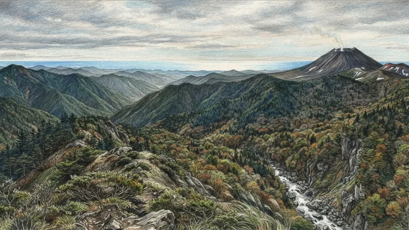 Coloured pencil drawing of forested mountain ridges seen from a high point, a river in a rocky gorge below and a dark volcanic cone with a plume of steam on the horizon.