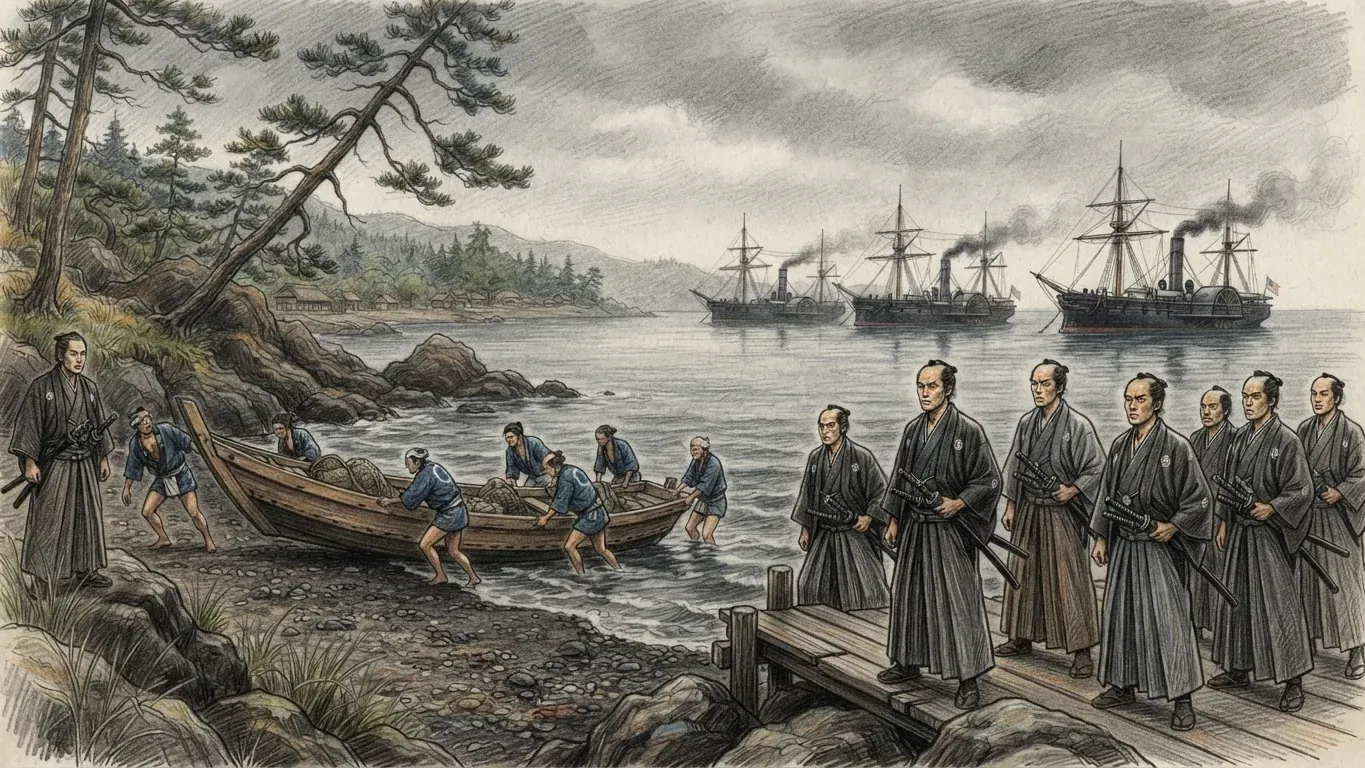 Coloured pencil drawing of samurai in dark robes and hakama on a jetty and rocky shore watching steam warships at anchor in a bay, while fishermen haul a wooden boat onto the shingle.