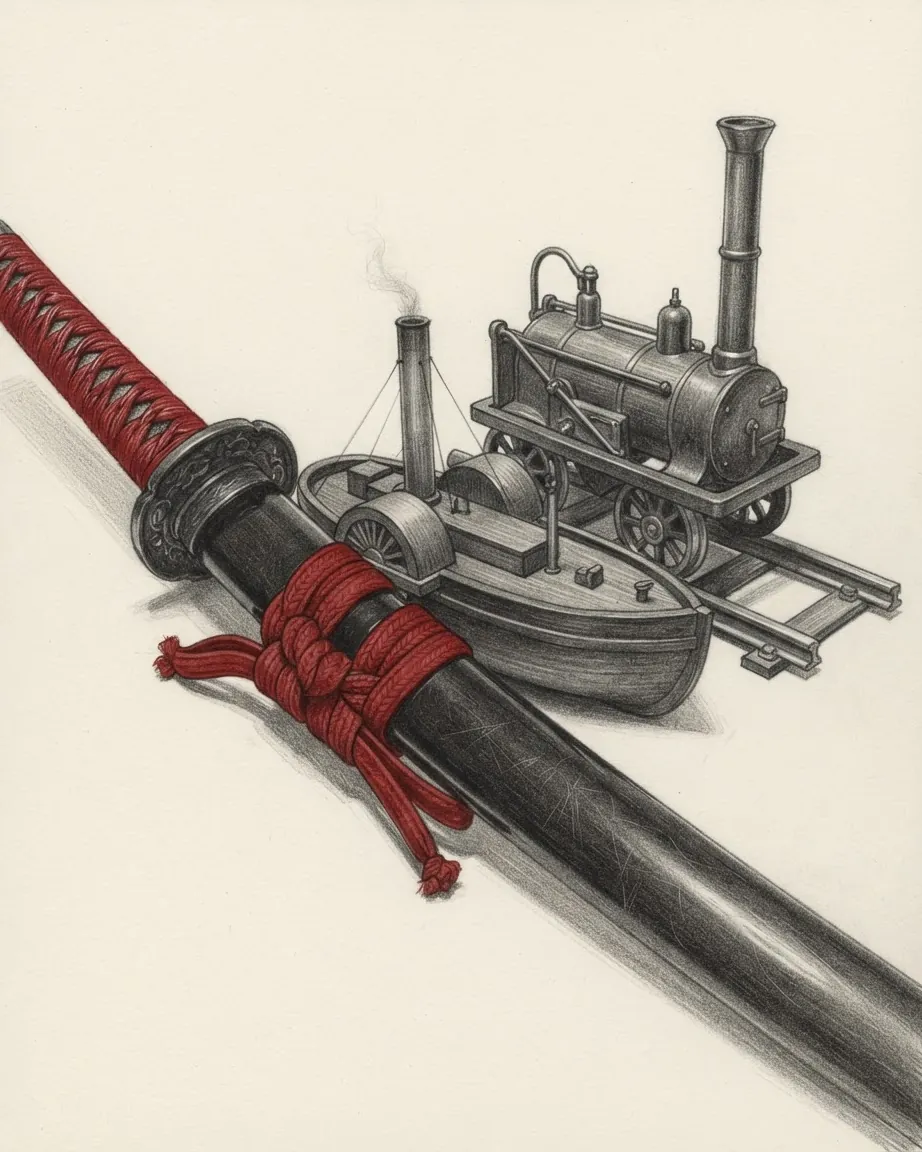 Pencil drawing of a sheathed Japanese sword in a black scabbard, its hilt and a knotted cord in red, beside a model paddle gunboat and an early steam locomotive on a short rail.