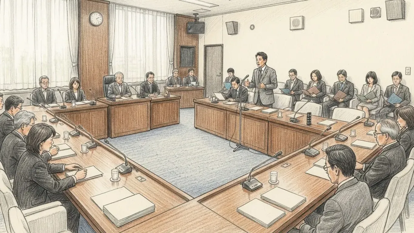Coloured pencil drawing of a committee room with members in dark suits at wooden tables arranged in a U, microphones in front of them, one member standing to speak and officials seated behind.