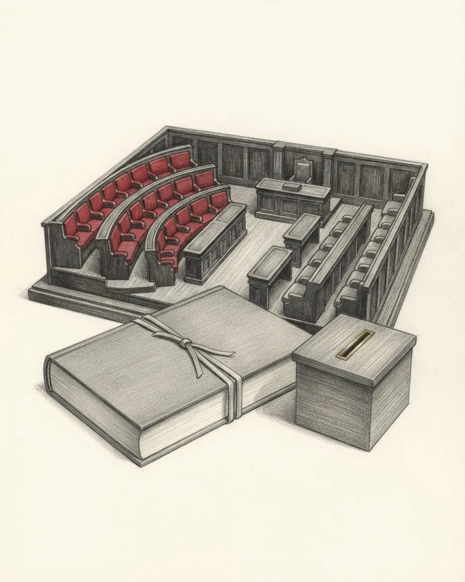 Pencil drawing of a model chamber with a larger bank of red-cushioned seats and a smaller grey one, a closed bound book tied with a cord and a small wooden ballot box.