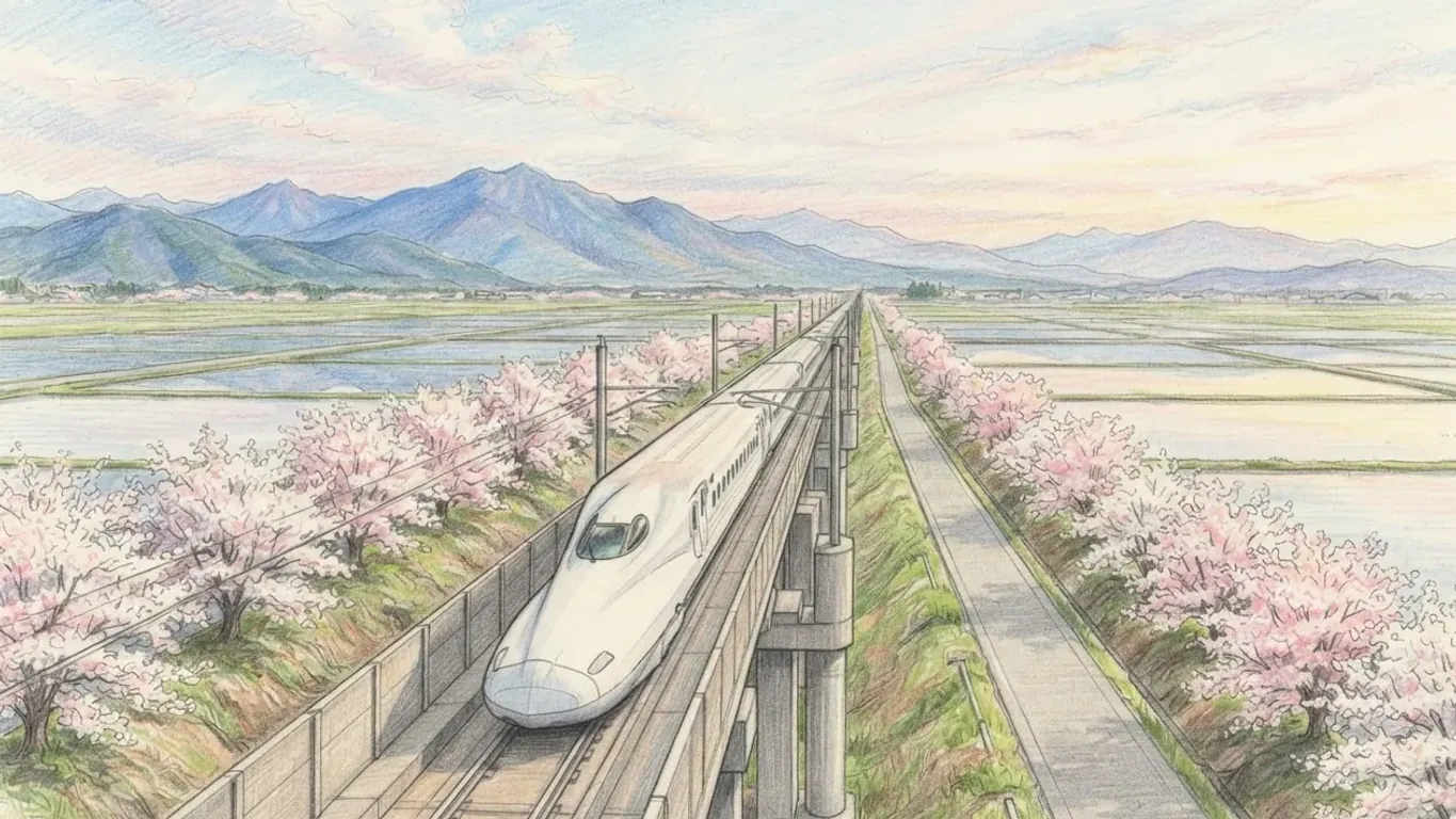 Coloured pencil drawing of a white high-speed train on an elevated line running straight through flooded rice fields toward blue mountains, cherry trees in blossom along the embankment.