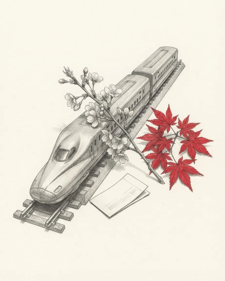 Pencil drawing of a model high-speed train on a short length of track, with a branch of cherry blossom, a sprig of red maple leaves and a blank folded ticket.