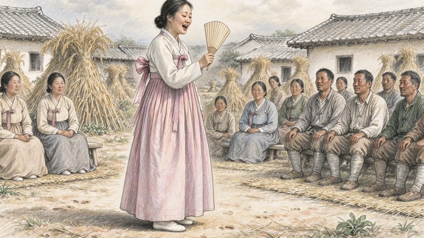 A woman in a pale pink hanbok sings with a fan before villagers seated outside thatched houses with sheaves of straw stacked behind them.