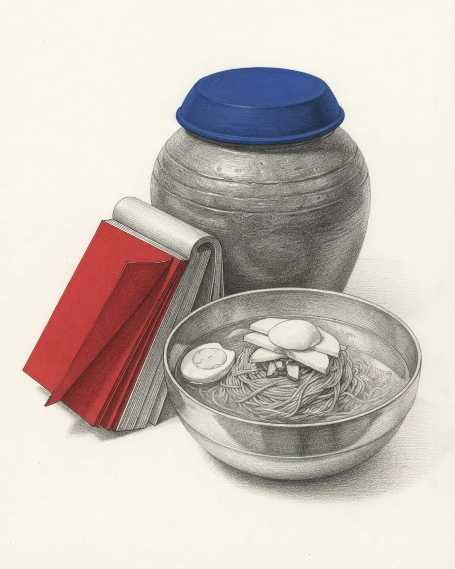 A graphite still life: a large earthenware jar with a blue lid, a bowl of cold buckwheat noodles topped with egg and a red folder leaning against the jar.