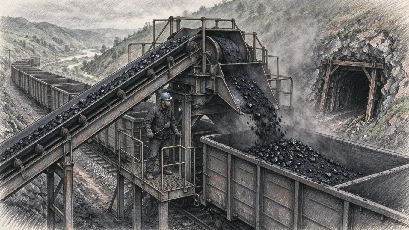 A conveyor carries coal out of a mine adit into open railway wagons, a worker on the steel gantry and wooded hills behind.
