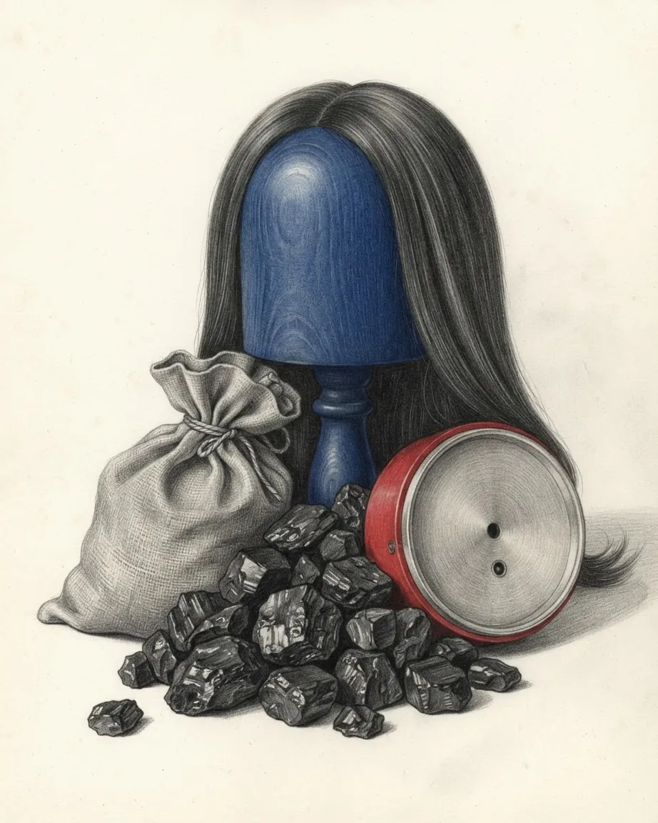 A long dark wig on a blue wooden block, a heap of anthracite coal, a sack and a red round box in front.
