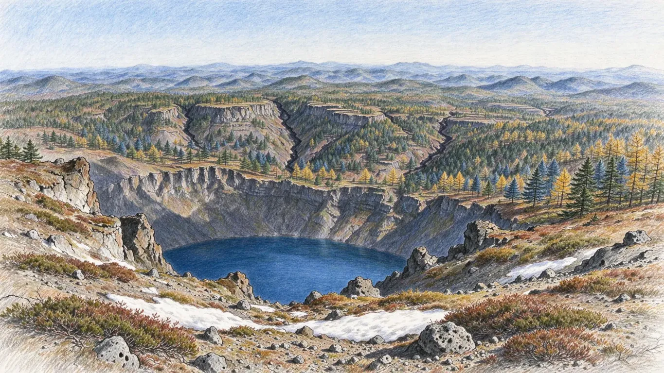 A coloured pencil view of a deep blue crater lake inside a ring of volcanic cliffs, larch forest and patches of snow on the rim, ridges stretching away beyond.
