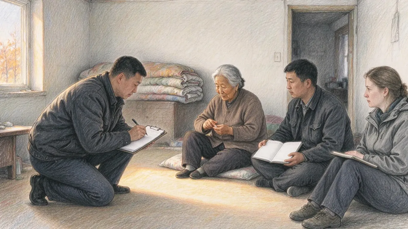 Researchers with clipboards interview an elderly woman sitting on the floor of a bare room, a younger man and a foreign woman taking notes beside her.