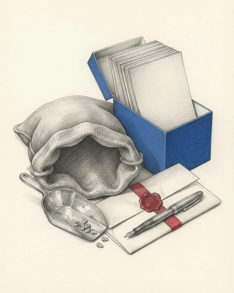 A graphite still life: an empty hessian grain sack with a tin scoop and a few maize kernels, an open blue box of papers and a sealed envelope with a pen.