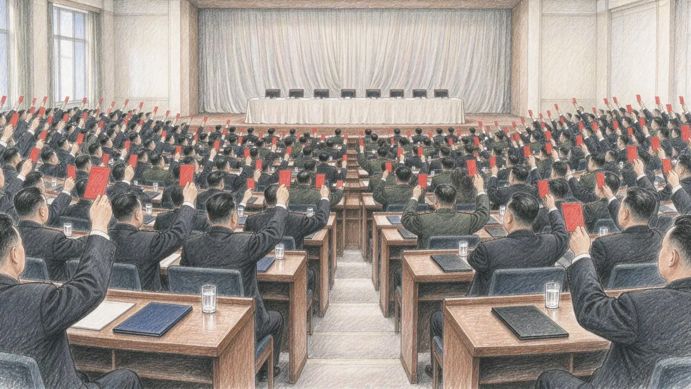 Rows of delegates in dark suits raise red cards in unison in a large assembly hall, facing a long table on a curtained stage.