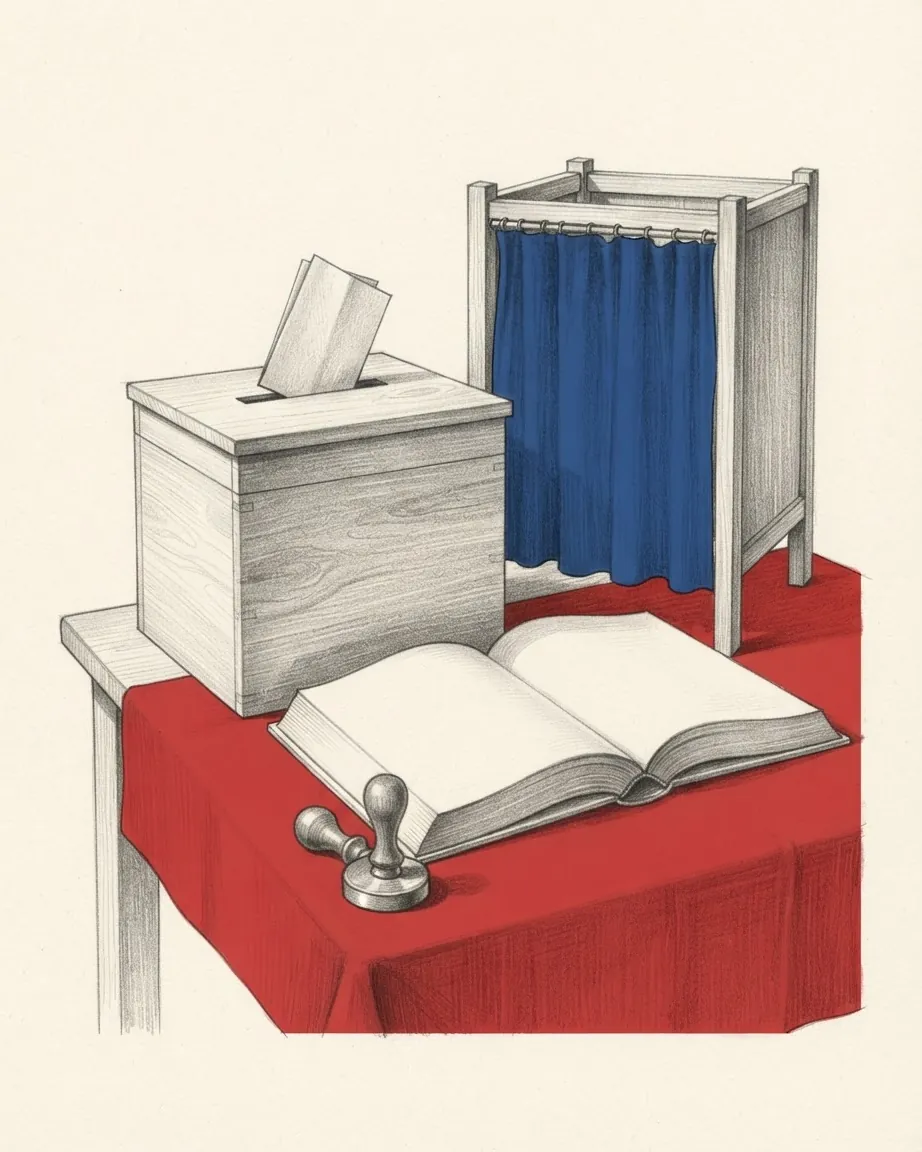 A plain wooden ballot box with a ballot half inserted, a small booth with a blue curtain, an open book and a stamp on a table covered in red cloth.