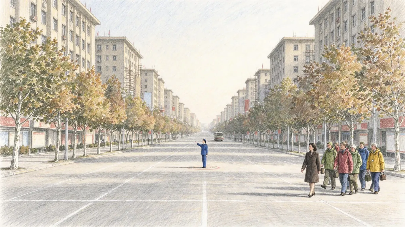 A broad, almost empty avenue between pale apartment blocks and autumn trees, a traffic officer in the middle and a small group of visitors walking with a guide.