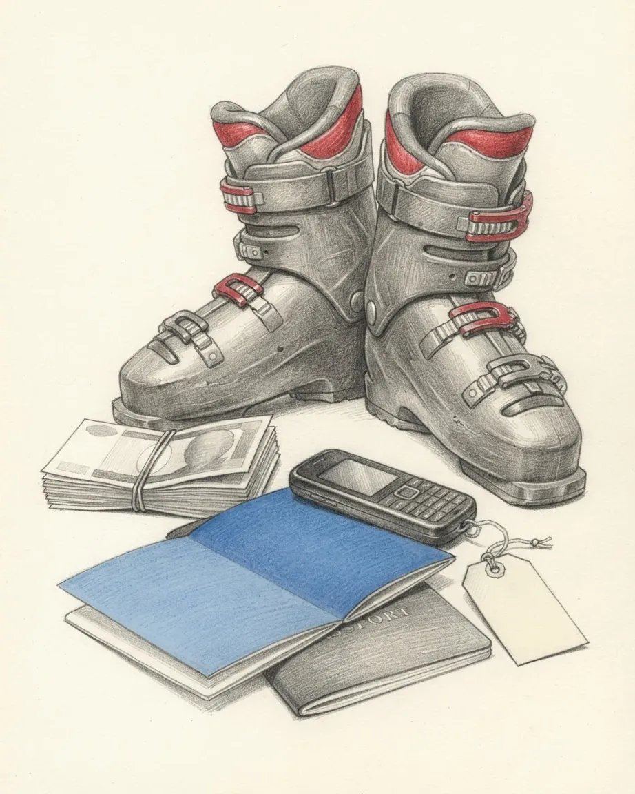 A blue folded tourist card on a passport, a mobile phone with a paper tag, a stack of papers and a pair of grey ski boots with red buckles.