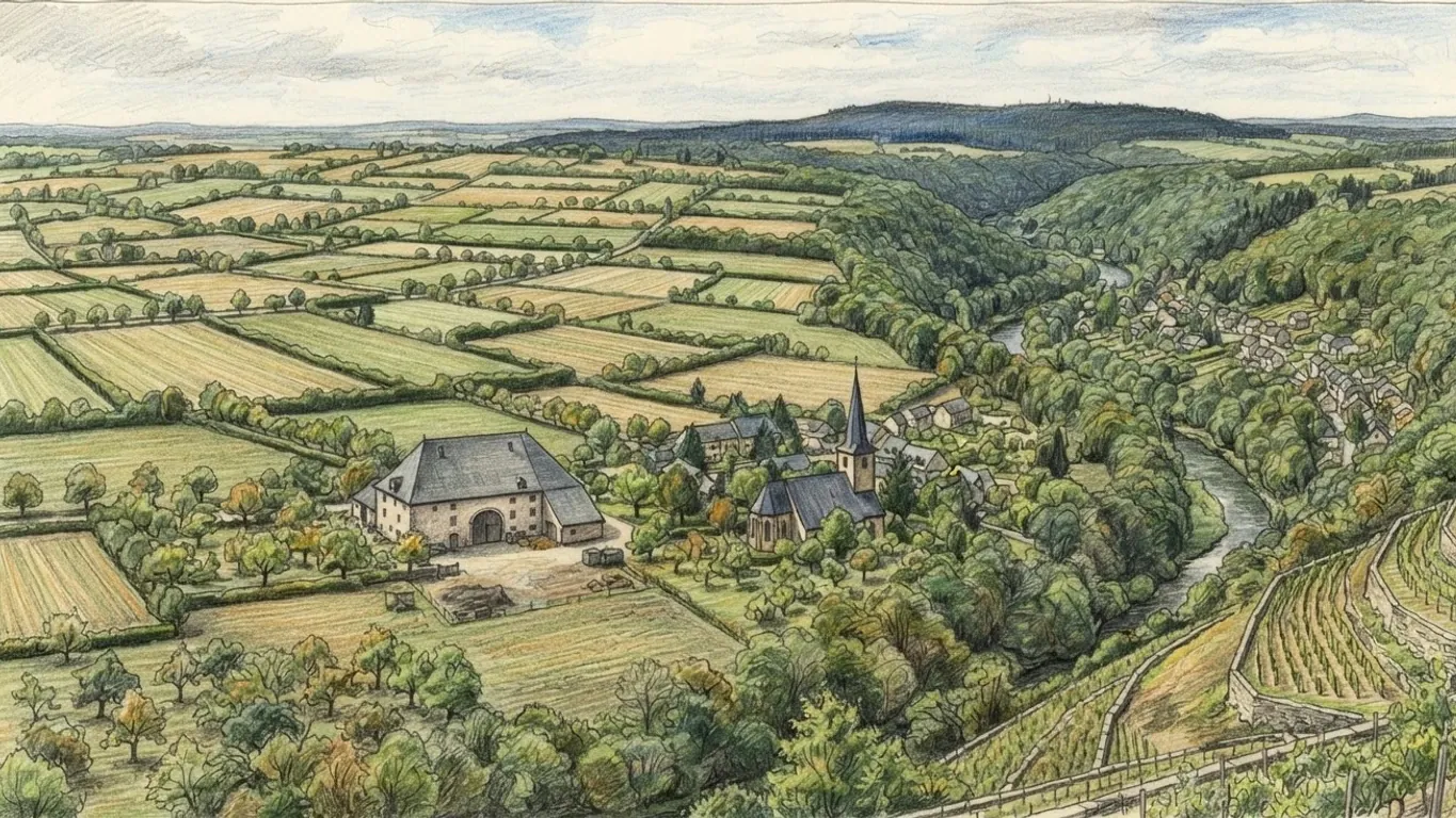 A coloured pencil drawing of the Luxembourg countryside: patchwork fields and hedges above a wooded river valley, a stone farm and a village church with vineyards on the slope.
