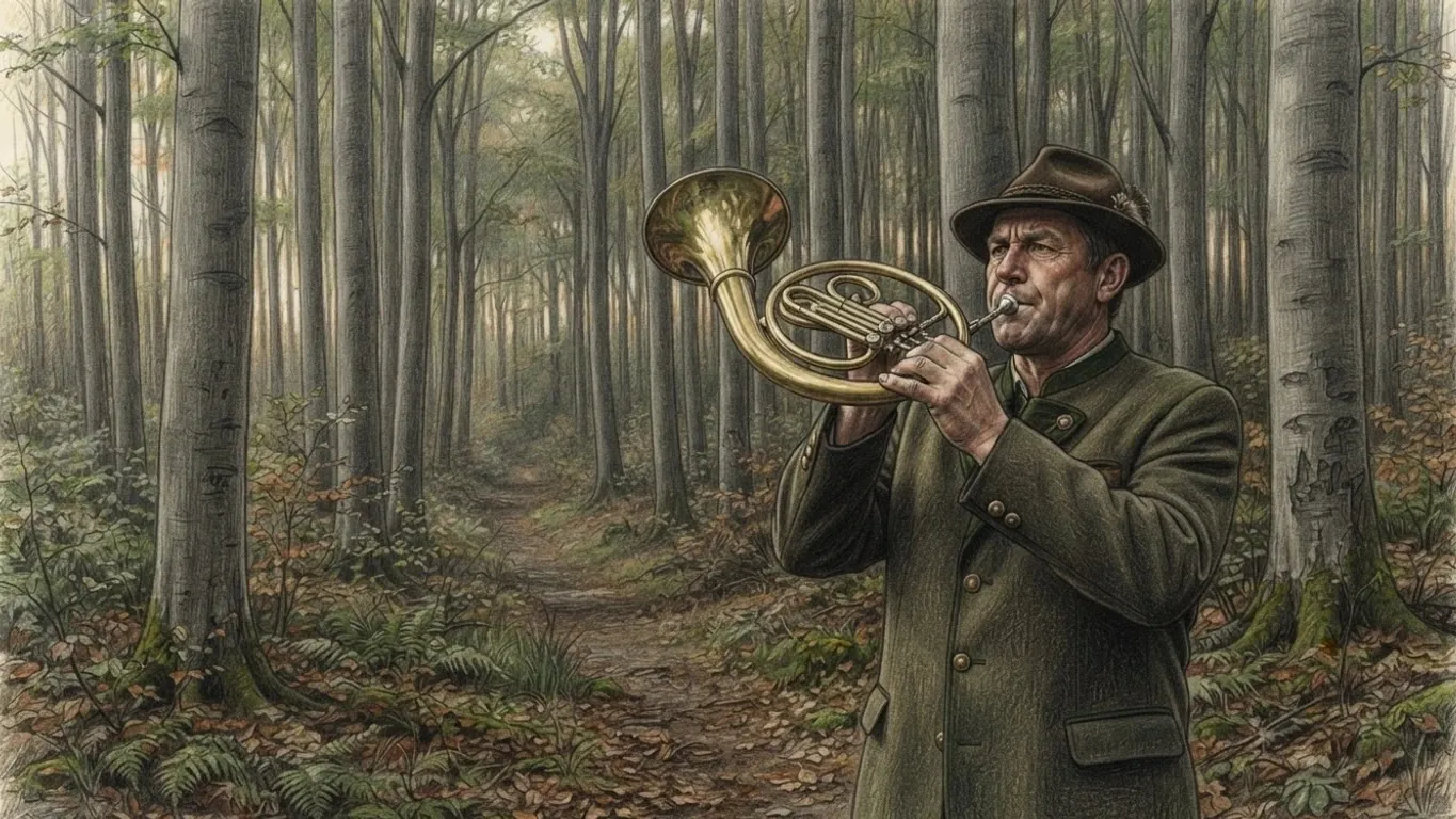 A coloured pencil drawing of a hunter in a green coat and hat blowing a brass horn in a beech forest.