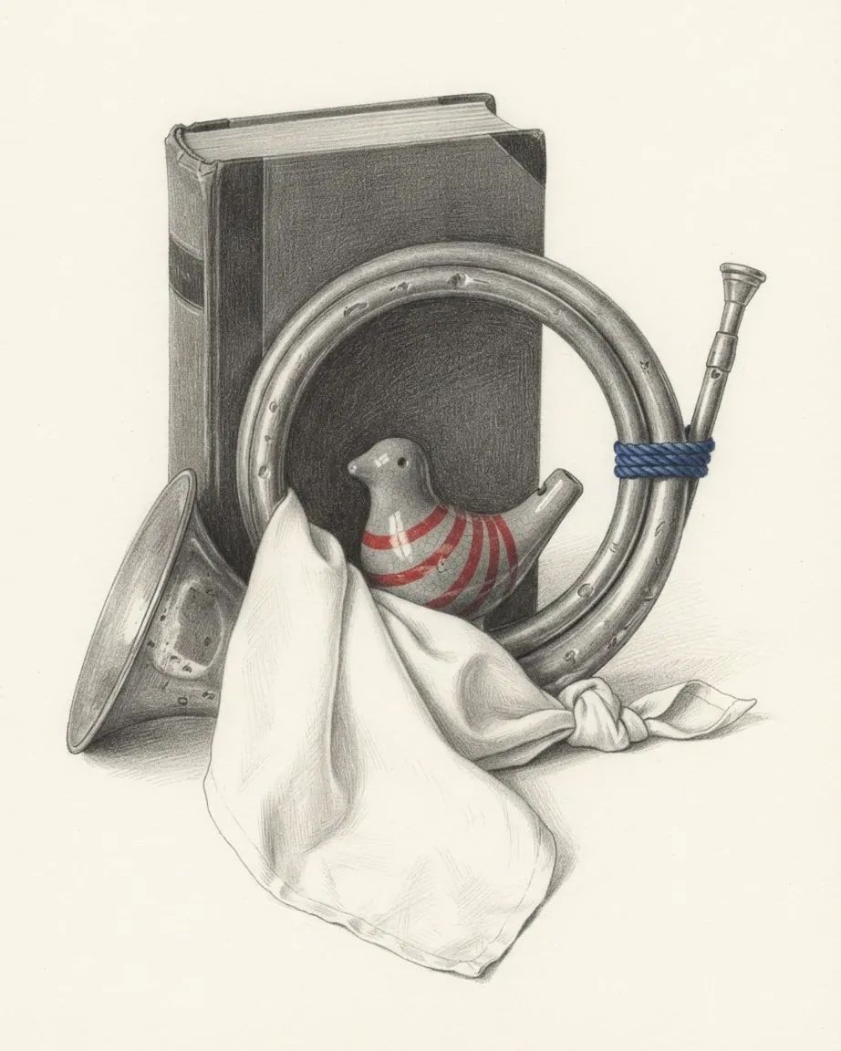 A graphite still life: a book standing upright, a brass horn with a blue cord, a small clay bird whistle striped in red and a folded cloth.
