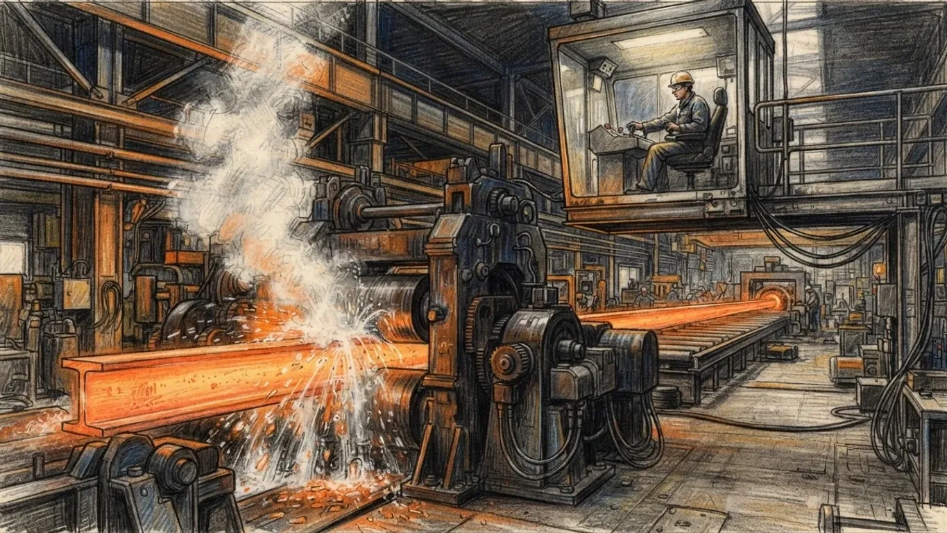 A coloured pencil drawing of a steel rolling mill: a glowing steel beam running through the rolls in a shower of sparks, an operator in the glass cabin above.