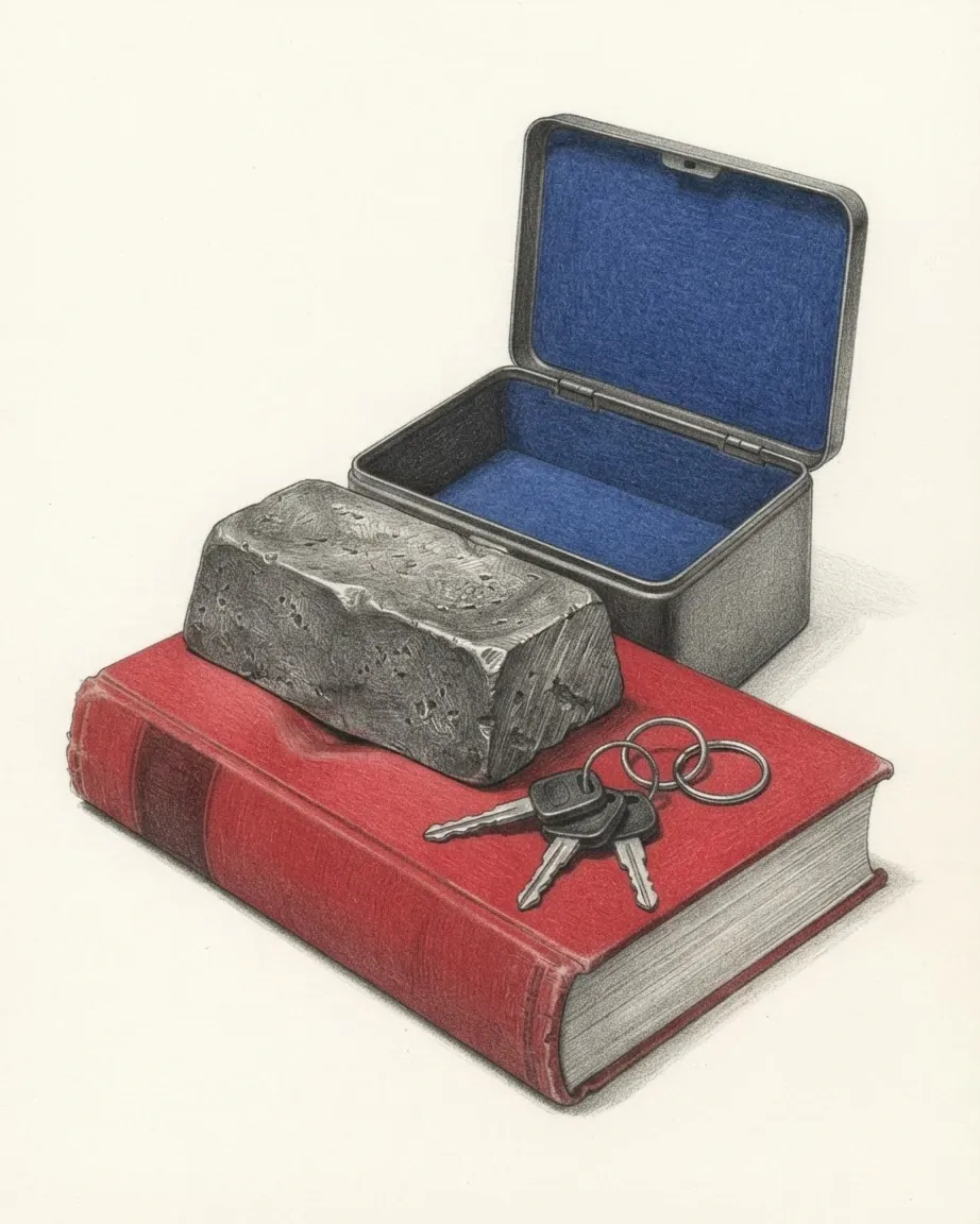 A graphite still life: an open strongbox lined in blue, a lump of pig iron and a set of keys resting on a red bound ledger.