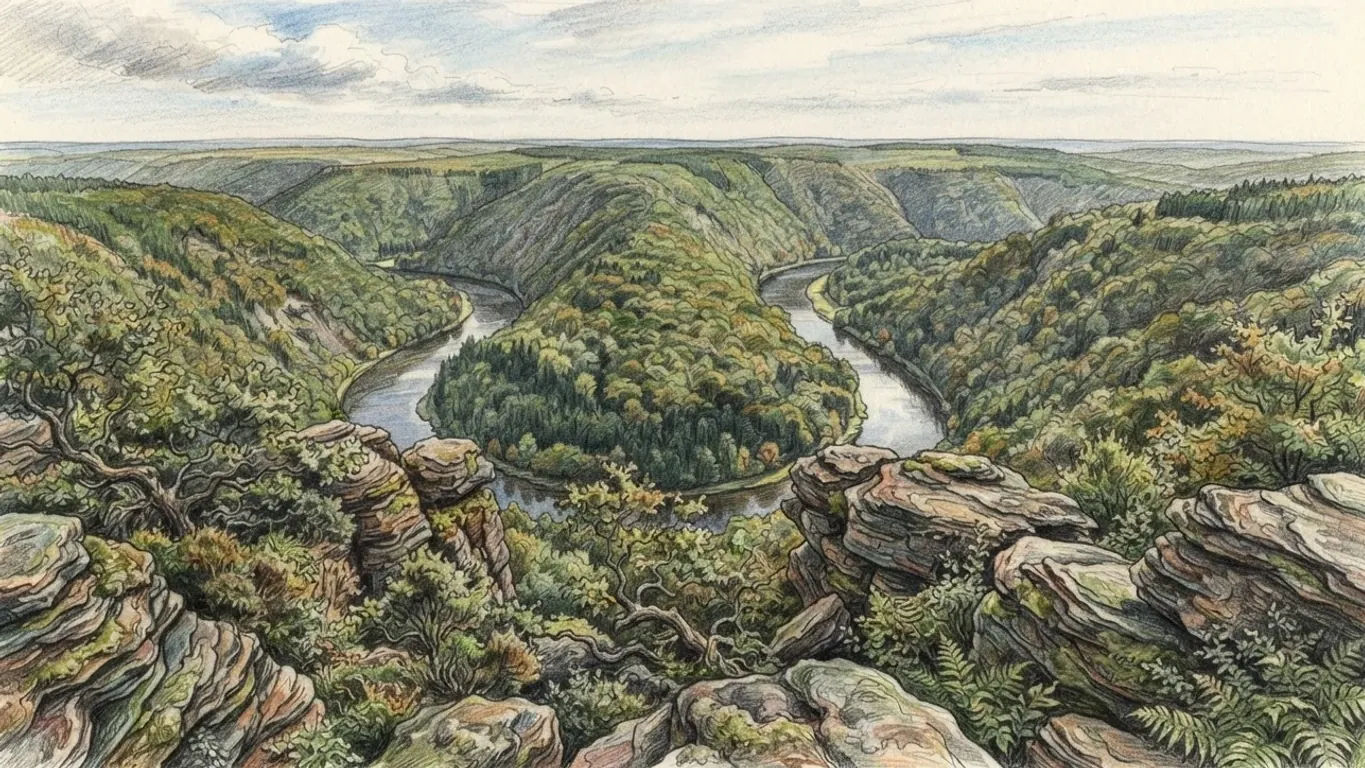 A coloured pencil drawing from a sandstone outcrop over a river looping through deep wooded valleys.