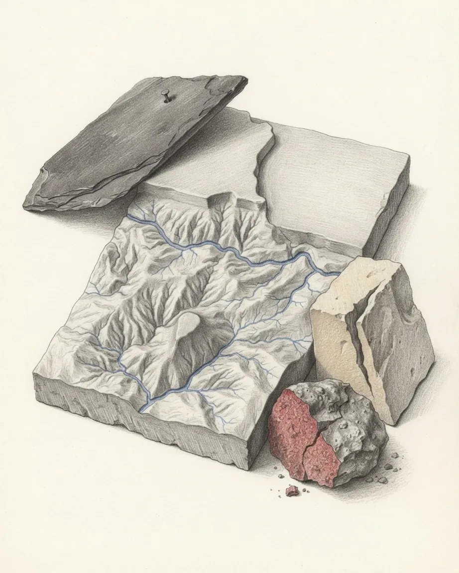 A graphite still life: a relief model of Luxembourg with a slab of slate, a block of pale sandstone and a lump of red iron ore.